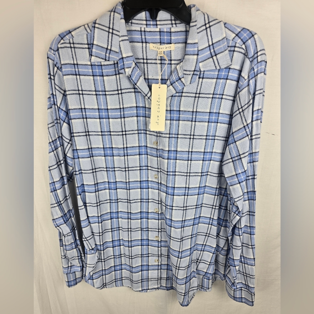NWT Copper Key Light Blue and White Long Sleeve Button Plaid Shirt Sz XS
